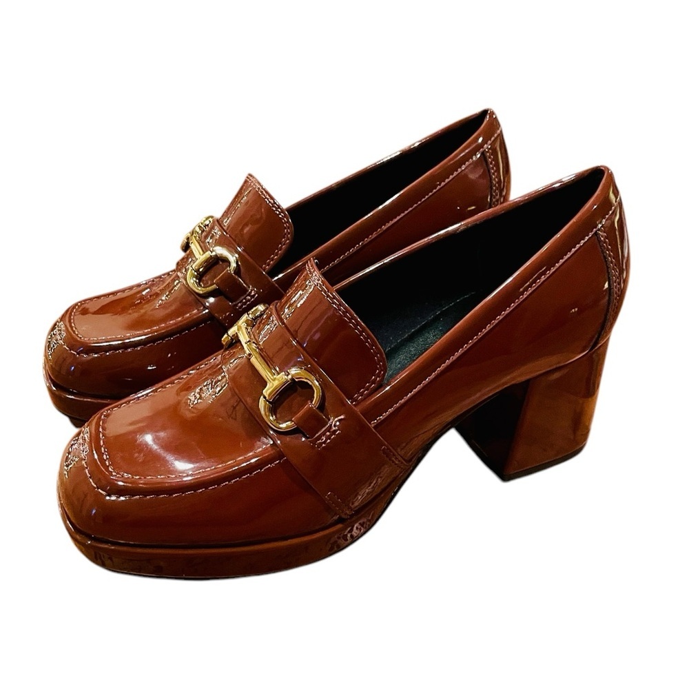 Nine West Brown Patent Leather Bit-Detail Block Heel Loafers